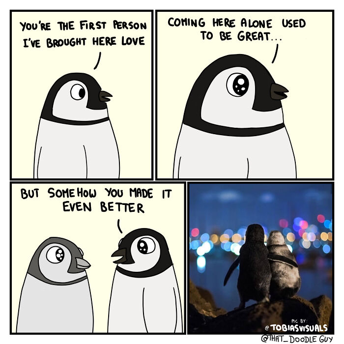Cute animal comic panels with two penguins sharing a heartfelt moment in a ridiculously cute animal comic style.