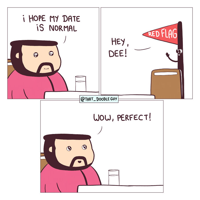 Cartoon man on a date with a red flag character, a humorous comic from cute animal comics by Divyansh Sikka.