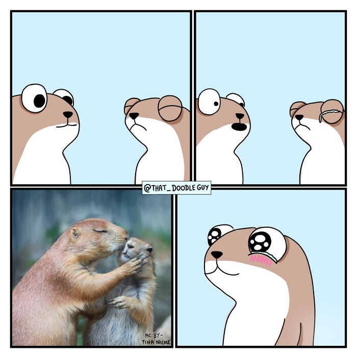 Cute animal comics by Divyansh Sikka showing expressive prairie dogs in a heartwarming comic strip style.