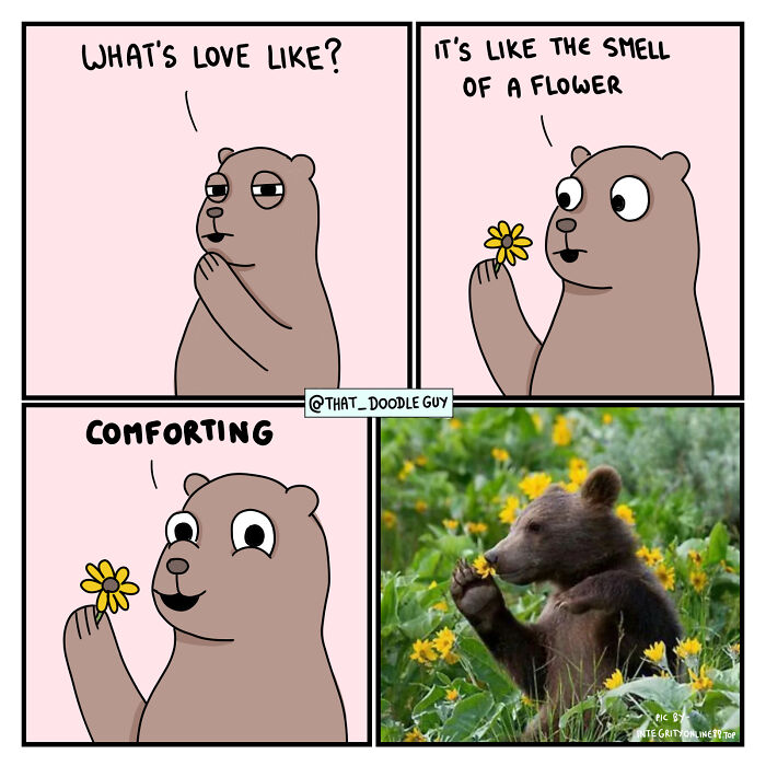 Cute animal comic by Divyansh Sikka showing a bear holding a flower and a bear cub smelling flowers.