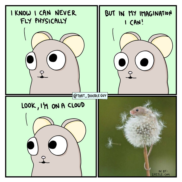 Cute animal comic by Divyansh Sikka showing a mouse imagining flying and sitting on a dandelion seed cloud.