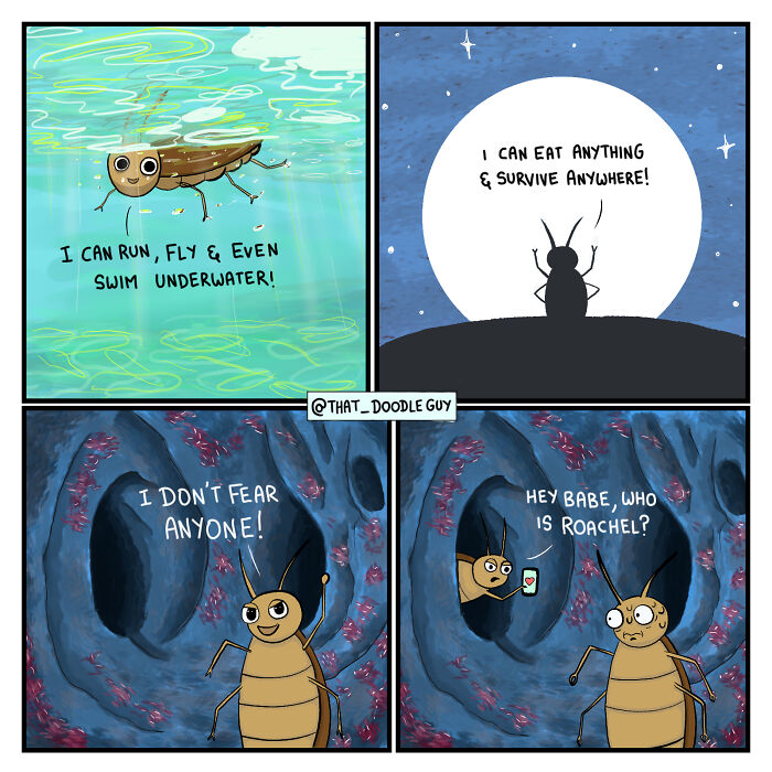 Ridiculously cute animal comics showing a confident cartoon cockroach with funny and charming traits in vibrant colors.