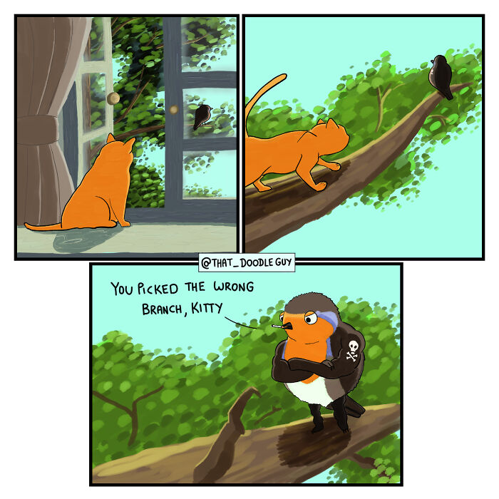 Orange cat stalking a bird on a tree branch with a pirate bird blocking the way in a cute animal comic style.