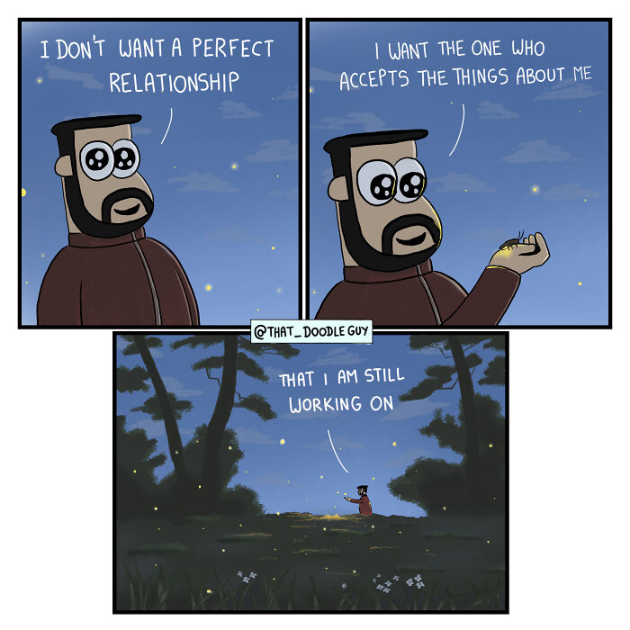 Man with big eyes holding a glowing bug in a forest at night, from ridiculously cute animal comics by Divyansh Sikka.