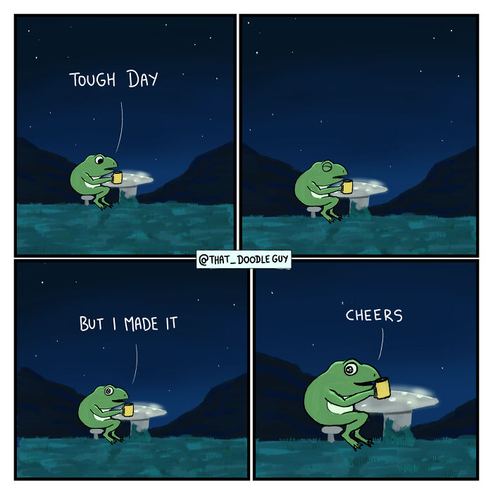 Cute animal comic featuring a frog reflecting on a tough day under the night sky, part of animal comics by Divyansh Sikka.