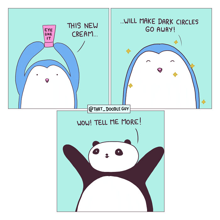 Cute animal comic featuring a penguin and panda discussing eye cream to remove dark circles.