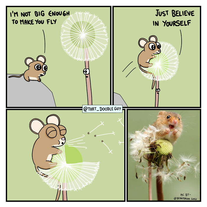 Cute animal comics depicting a mouse and dandelion, inspiring self-belief in adorable illustrated scenes.