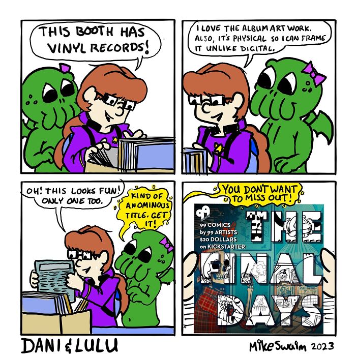 Comic strip featuring a witty conversation about vinyl records, showcasing wholesome and witty comics by this artist.