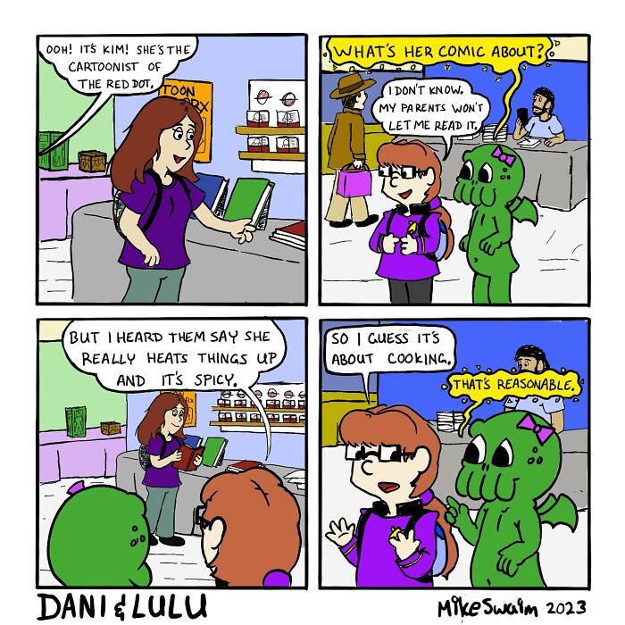 Comic panels featuring characters discussing a wholesome and witty comic by the artist Kim with humor and spice.