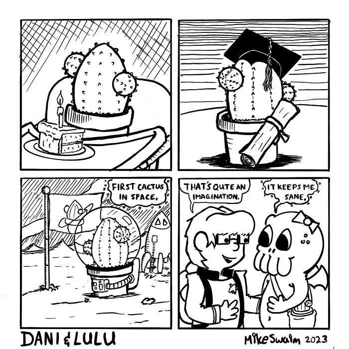 Black and white wholesome and witty comics featuring a cactus in various imaginative scenarios and characters.