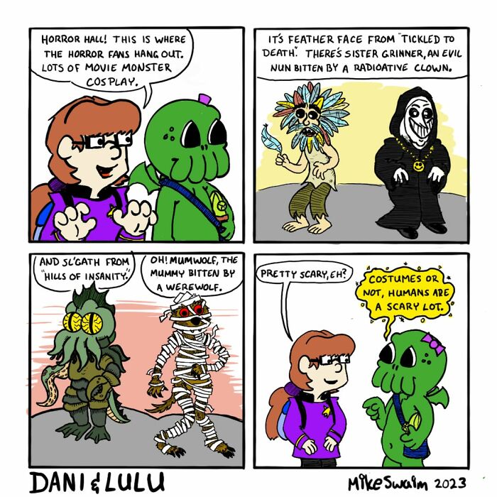 Comic panels showing characters in witty monster and horror-themed costumes, featuring wholesome and witty comics by this artist.