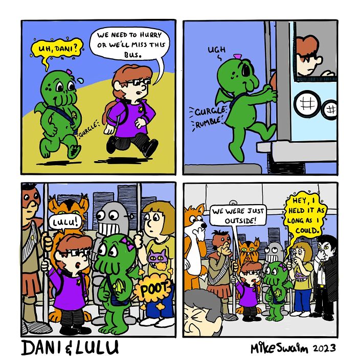 Comic featuring wholesome and witty characters Dani and Lulu in a humorous bus and city scene.