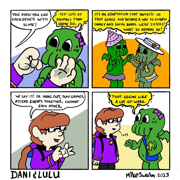 Wholesome and witty comic panels showing characters discussing slime as a way animals show affection and social bonds.