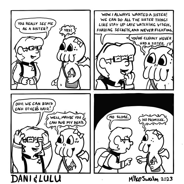 Black and white wholesome and witty comic strip featuring two characters discussing sisterly bonds and quirky promises.