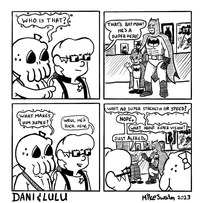 Black and white comic strip featuring witty dialogue about Batman, showcasing wholesome and witty comics by this artist.