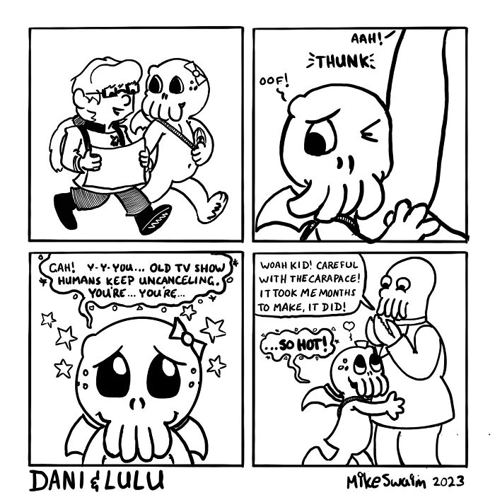 Black and white wholesome and witty comic panels featuring cute skeleton characters in humorous scenes.