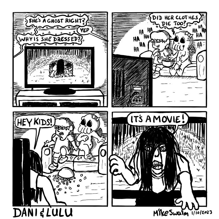 Black and white comic strip showing kids watching a funny ghost movie, featuring wholesome and witty comics by this artist.