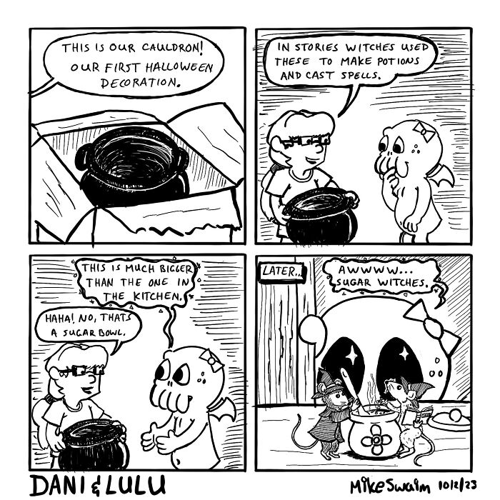 Black and white wholesome and witty comic strip featuring Halloween cauldron and sugar witches characters.