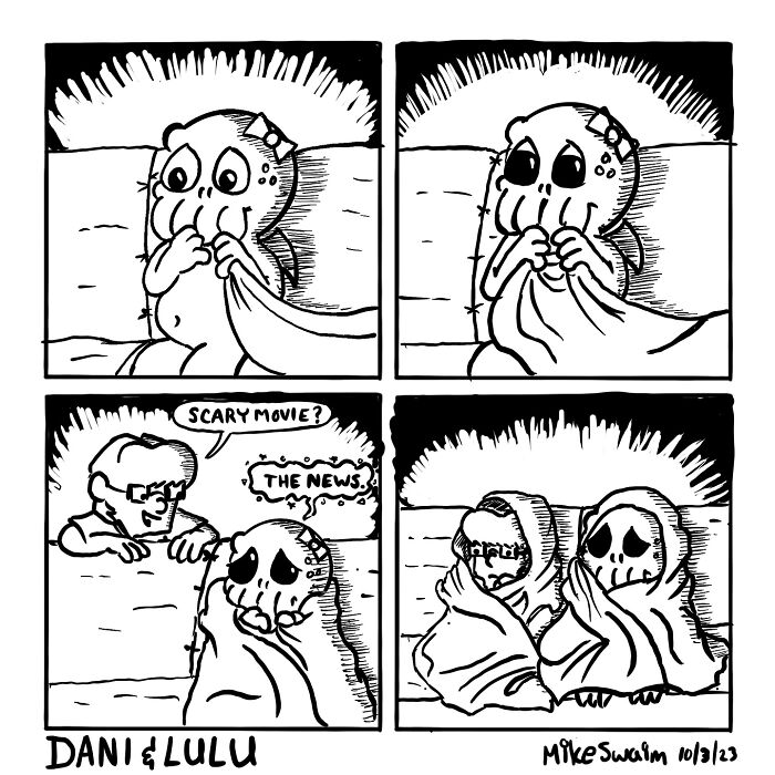 Black and white wholesome and witty comic strip showing scared characters hiding under blankets watching the news.