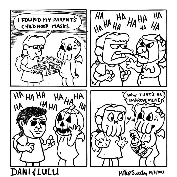 Black and white comic strip showing characters wearing childhood masks with witty and wholesome humor by this artist.