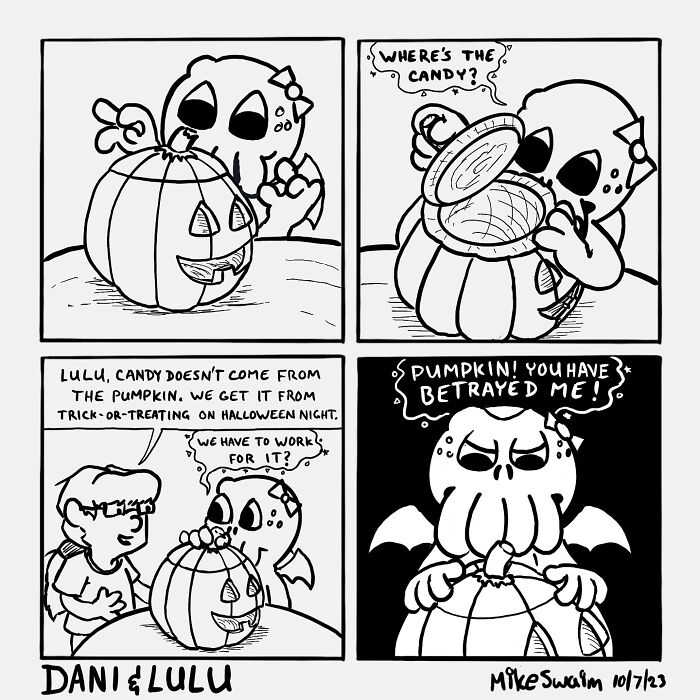 Cute Halloween comic strip showing a character discovering no candy inside a pumpkin in wholesome witty comics style.