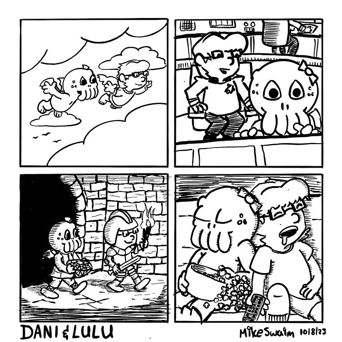 Black and white wholesome and witty comics featuring two quirky characters in various playful and adventurous scenes.