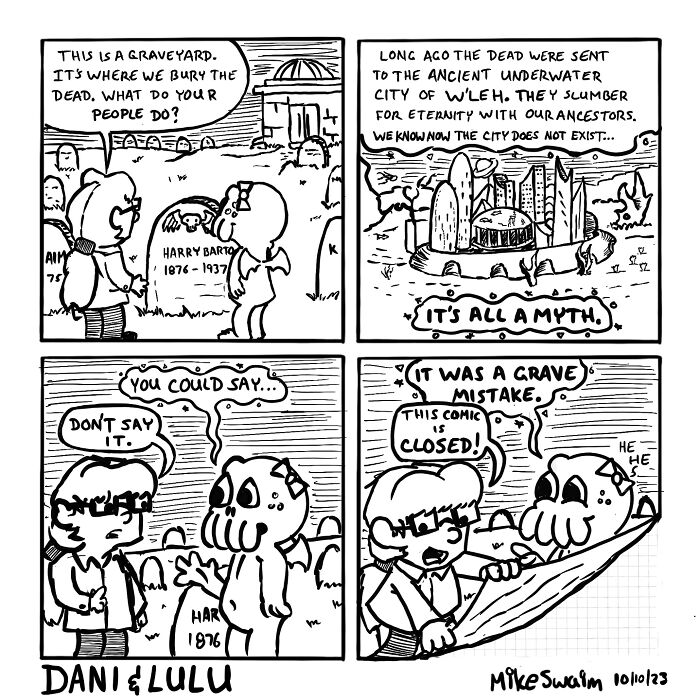 Black and white comic panels depicting a graveyard scene with witty dialogue about death and myths, showcasing wholesome comics.