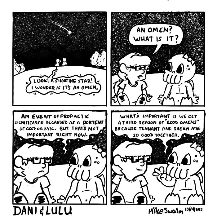 Black and white wholesome and witty comic panels showing a shooting star and a conversation about omens and TV shows.