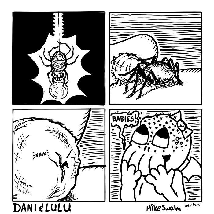Black and white comic panels showing a spider and a character with a skull face expressing excitement about babies in wholesome comics.