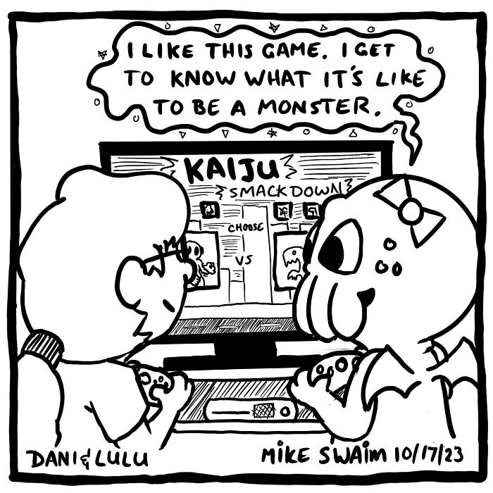Wholesome and witty comic panel showing two characters playing a monster-themed video game with joyful expressions.