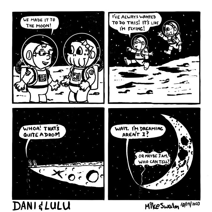 Black and white wholesome and witty comic showing characters exploring and floating on the moon surface in astronaut suits.