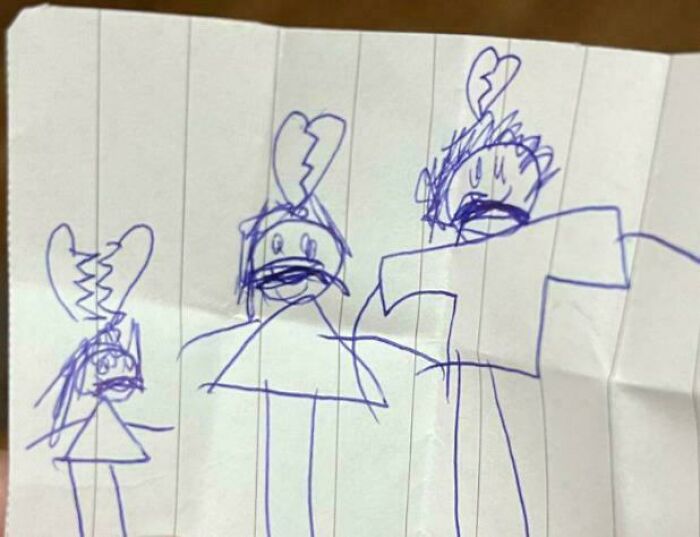 Child’s drawing of a family with broken heart symbols, showcasing hilariously unlucky parents in a funny kid’s sketch.