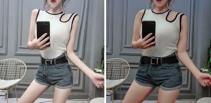 Side-by-side comparison of influencer selfies showing heavy editing on Instagram posts with altered body proportions.