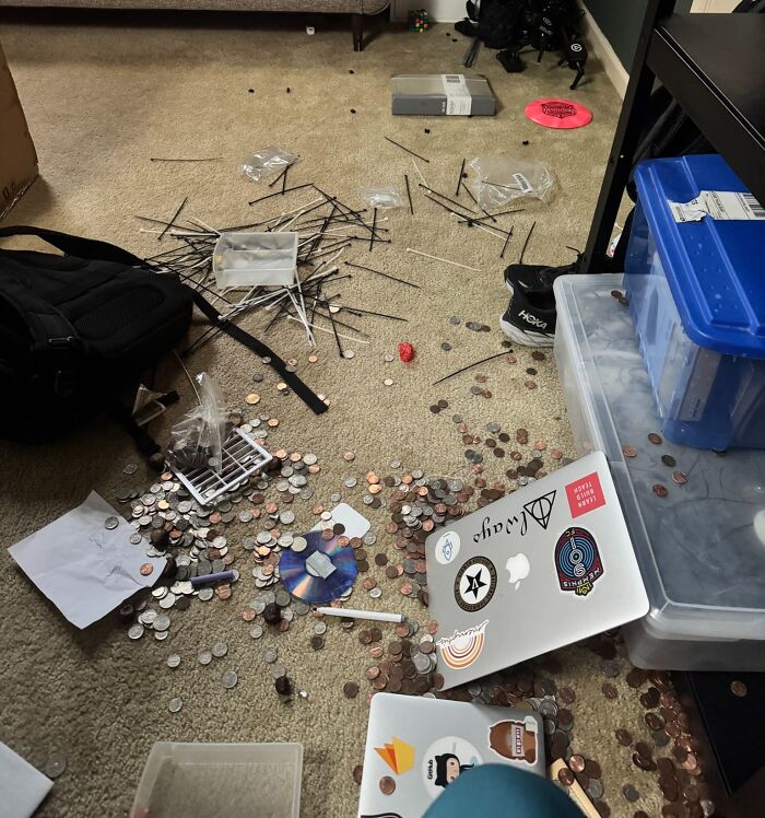 Cluttered work-from-home space with coins, laptops, and scattered office supplies on a beige carpet floor.