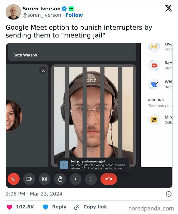 Man wearing glasses and headphones depicted behind virtual bars in a funny work-from-home meme about meeting jail.