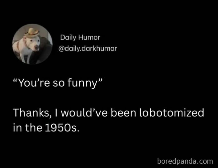 Relatable meme from Daily Humor account featuring a dog image and a joke about being lobotomized in the 1950s.