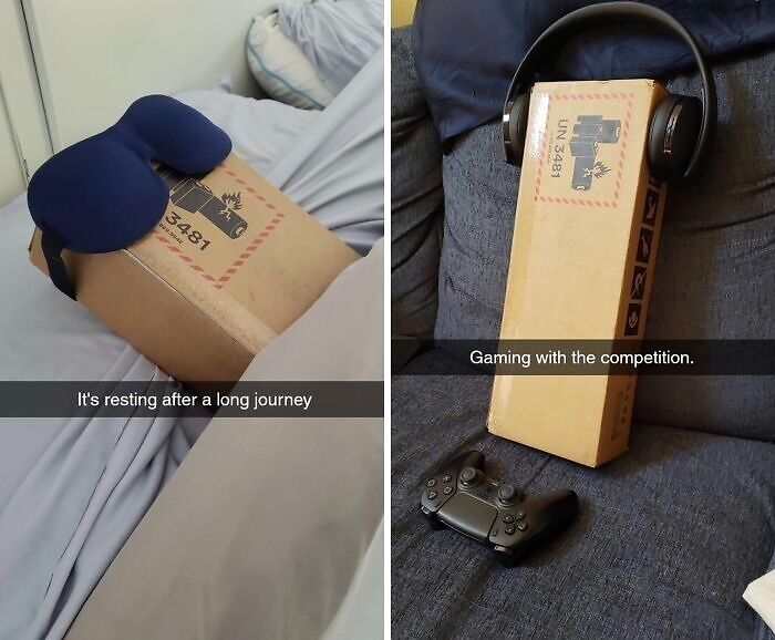 Funny work-from-home meme showing a cardboard box with a neck pillow and headphones as a humorous setup.