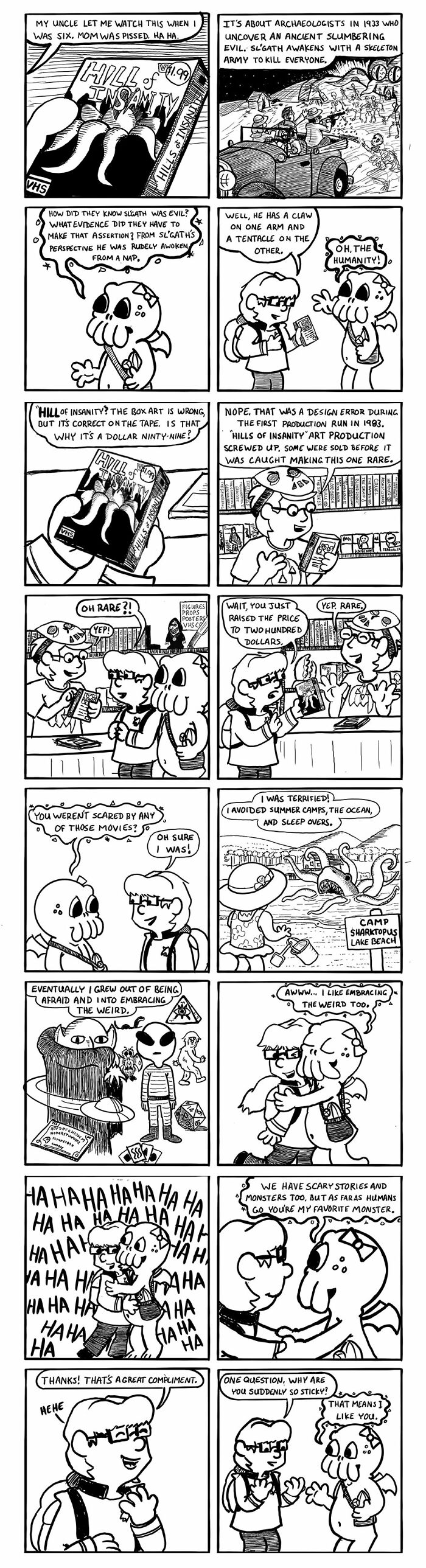 Black and white comic panels featuring witty and wholesome illustrations by the artist with playful monster characters.