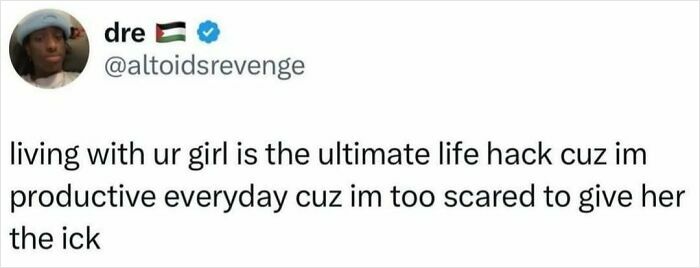 Social media post humor about relationship productivity and fears, relatable content to make your day better.