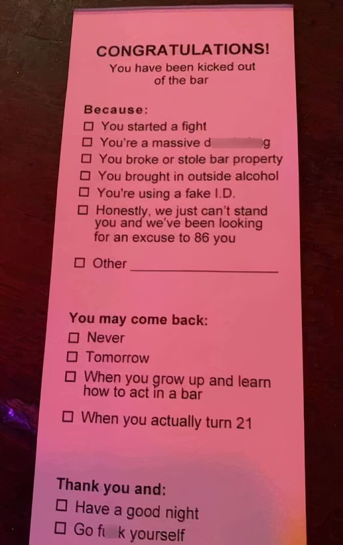 Pink humorous notice from hospitality staff listing reasons for kicking someone out of the bar, reflecting working in hospitality memes.