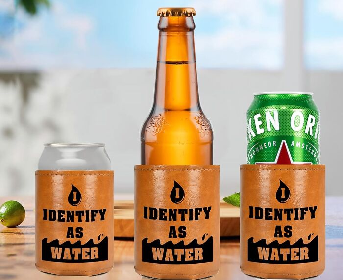 Three drinks in leather koozies with Identify As Water text, perfect Father's Day gifts for dads who love beverages