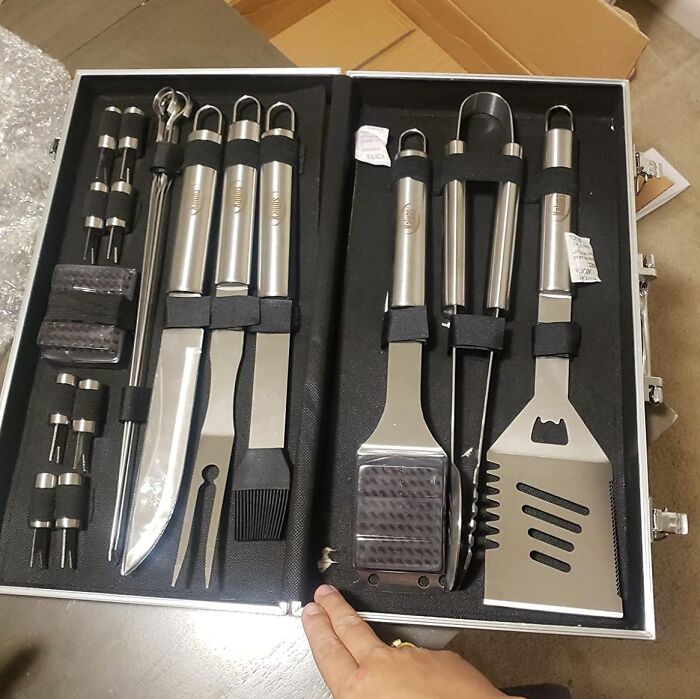 Grilling tool set in a carry case, ideal for Father's Day gifts, featuring stainless steel barbecue utensils and accessories.