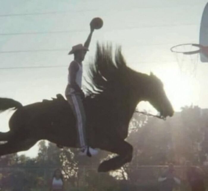 Person riding a horse mid-jump holding a basketball near a hoop, showcasing hilarious animals in goblin mode moments.