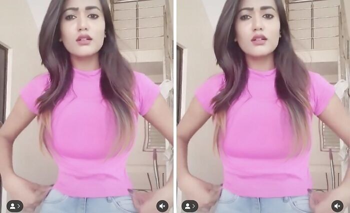 Young woman posing indoors wearing a pink top and jeans, highlighting influencer heavy editing on Instagram posts.