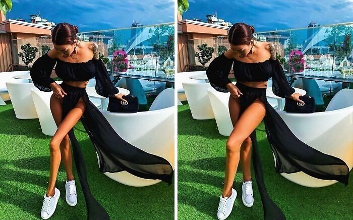 Influencer posing on rooftop with edited legs in black outfit and white sneakers, exposing heavy editing on Instagram posts