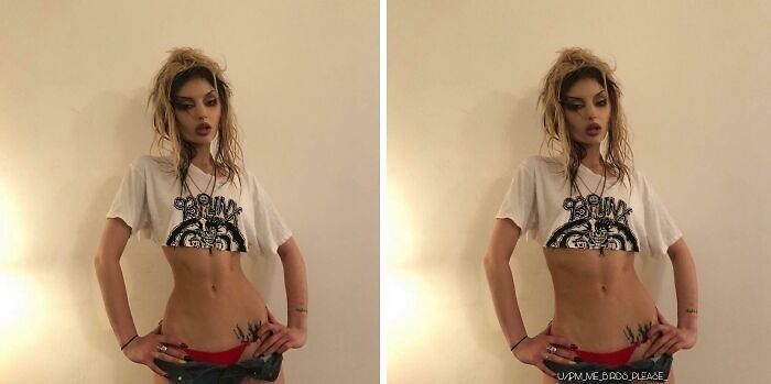 Influencer showing heavily edited Instagram photo with exaggerated waist and altered body proportions against a plain background.