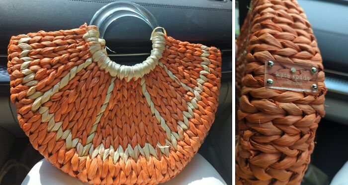 Orange and natural woven thrifted handbag with clear round handles, a unique vintage find from a thrifted collection.