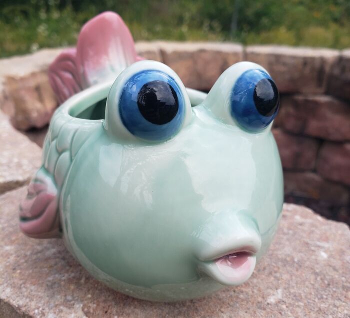 Ceramic fish planter with large eyes and pink fins, a quirky thrifted find perfect for a weird and wonderful collection.