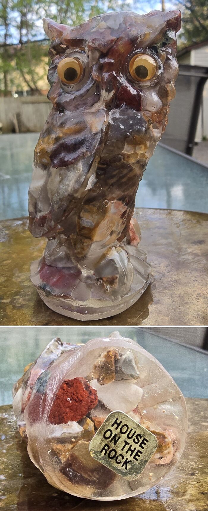 Clear resin owl sculpture with embedded rocks and a House on the Rock label, a unique thrifted find.