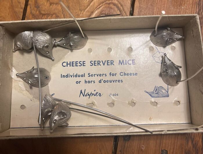 Set of vintage silver cheese server mice displayed in original box, a quirky thrifted find with weird and wonderful design.